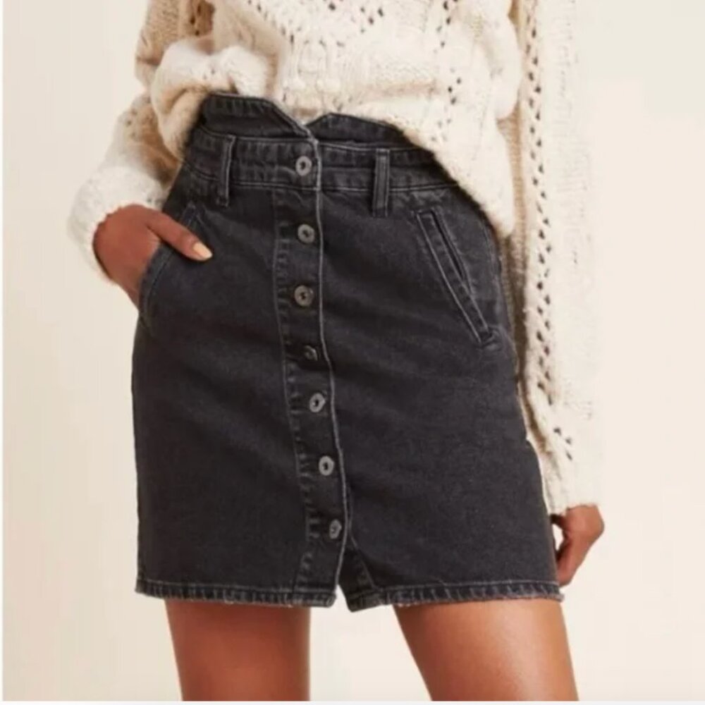 Anthropologie Black Button-Front Denim Mini Skirt